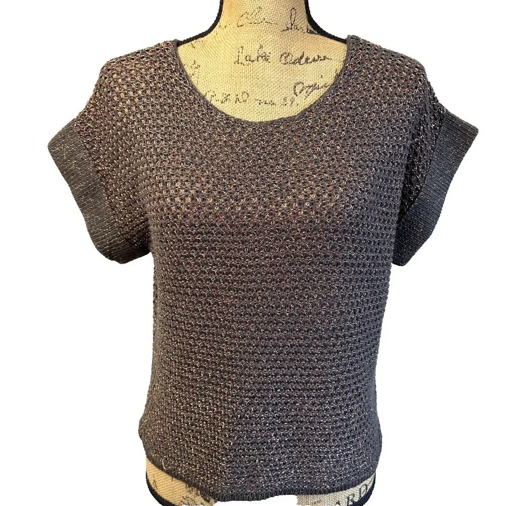 Etcetera Women's Brown w/Pink Metallic Thread Crochet Sweater Vest Sz S/M